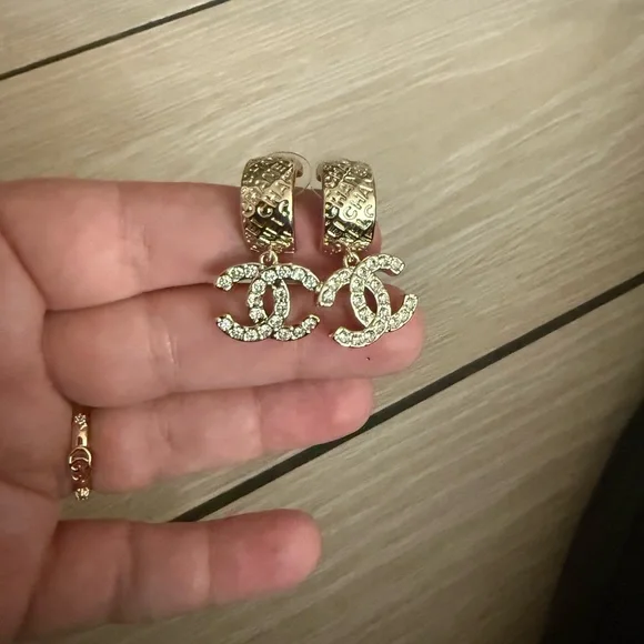 Naw upcycled Chanel Gold with rhinestone Crystal Logo Earrings - Picture 6 of 9